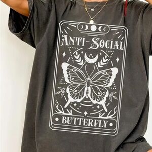 {NEW} Women's ""Anti-Social Butterfly"" Tarot Card Print Tee Small Gray
